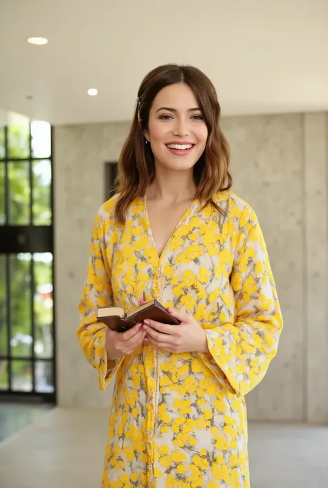 best quality, highres, 8k, masterpiece, photography, detailed midbody photorealistic portrait. Mandy Moore wears a bright yellow yukata featuring hand-painted banana blossom motifs, symbolizing summer and abundance. The fabric is light and airy, with subtl...