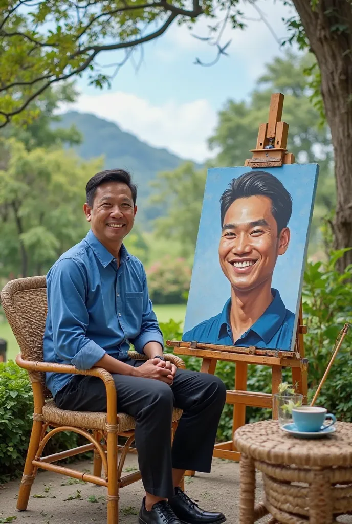 A 30-year-old Indonesian man sits casually on a rattan chair in a beautiful garden, wearing a blue shirt and black pants. He smiles warmly as he paints a portrait of himself on a large canvas mounted on a wooden easel. The painting is a realistic version o...