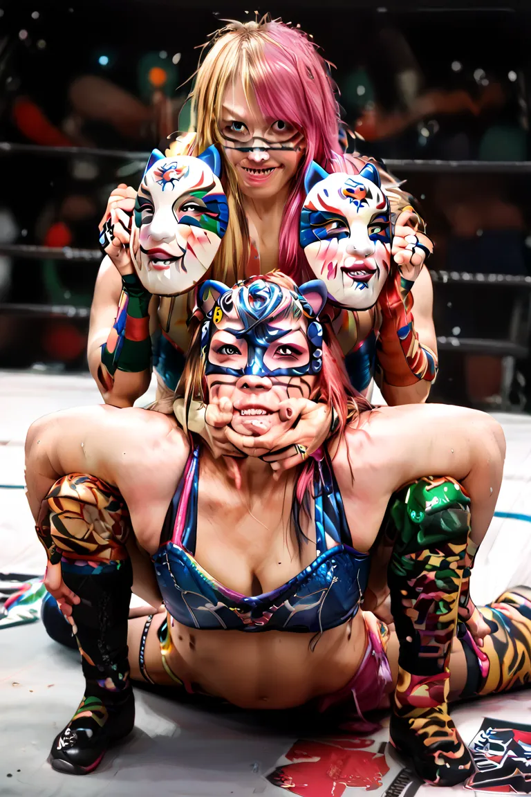 Two female wrestlers, one wearing Pink Tiger Mask and the other wearing Black Tiger Mask, are locked up in the center of the ring,ripped Pink Tiger Mask's mask