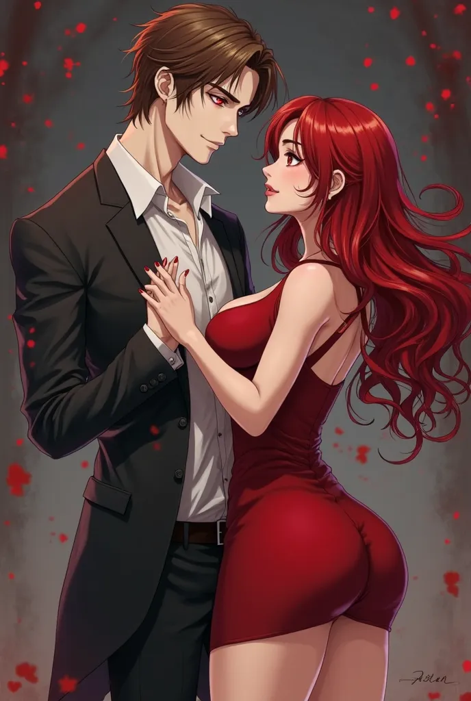 make it into anime/I draw a brown-haired vampire man,  white skin, red eyes, His body is thin and thin... He has a neutral but passionate expression... he is with his girlfriend, She has an hourglass body (medium tits, medium round ass and thin waist), She...