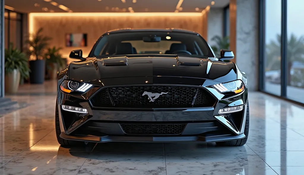 A straight front view of a 2025 Ford Mustang Mach-E in Shadow Black, standing boldly in a luxury showroom. The closed-off grille features the iconic Mustang emblem, flanked by sharp, angular LED headlights that enhance its aggressive stance. The sculpted h...