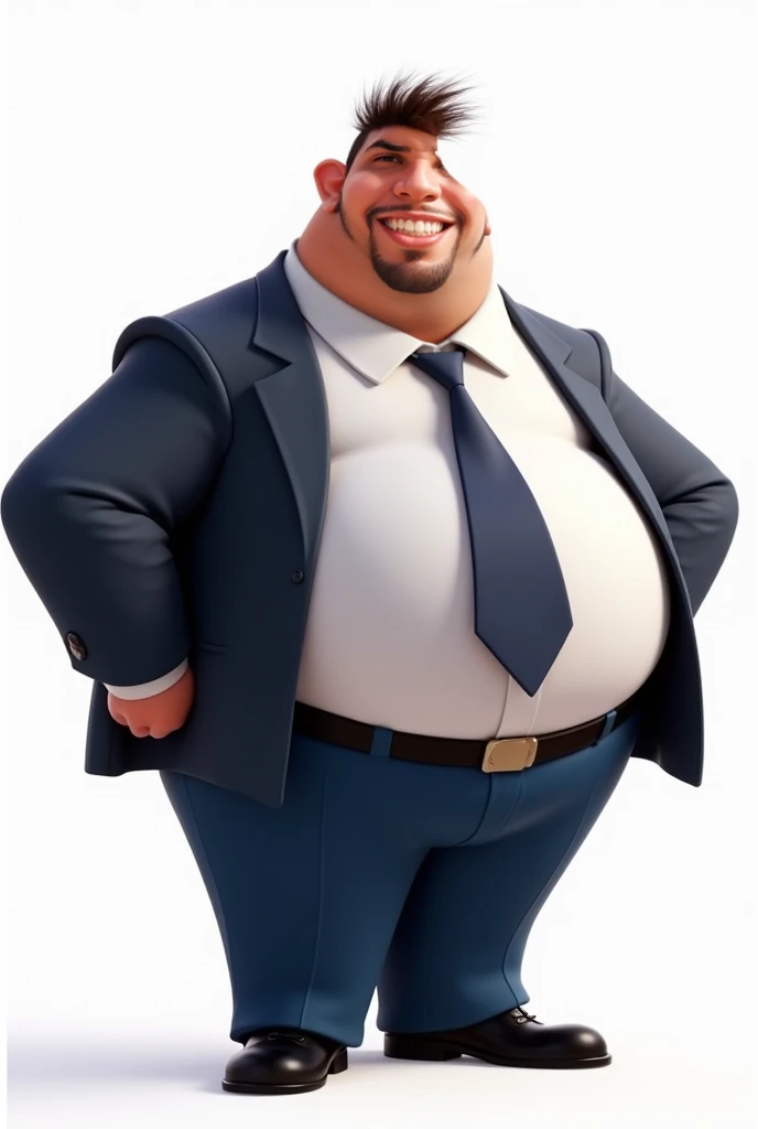 create a prompt in English for a fat Pixar Disney character,  big belly , seeking identification and fidelity from the attached photo , maximum quality,  frizzy hair, short, almost bald on the sides,   wearing a suit , blue pants and tie, black shoes and a...