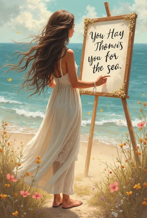  A beautiful girl with long wavy hair ，wearing a bohemian dress， Hand written “I Love Sea” Art Infinity” Whiteboard for text，and show the audience