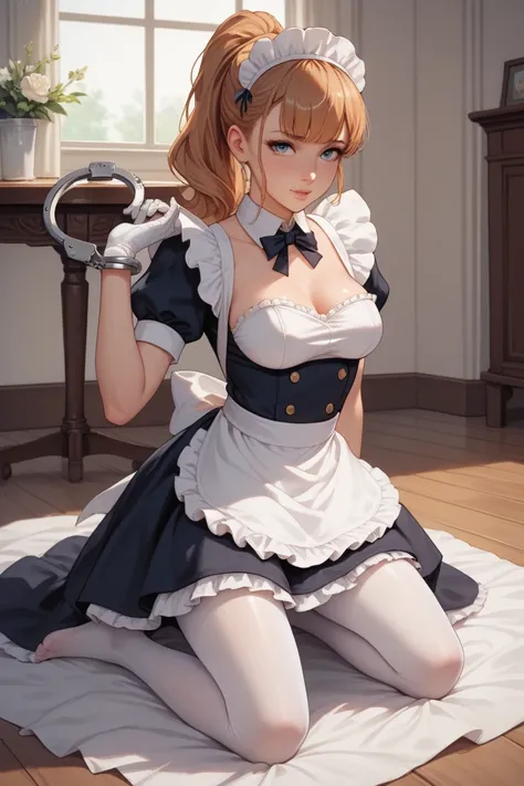 anime maid，put on handcuffs，White Gloves，white pantyhose，kneel on the ground