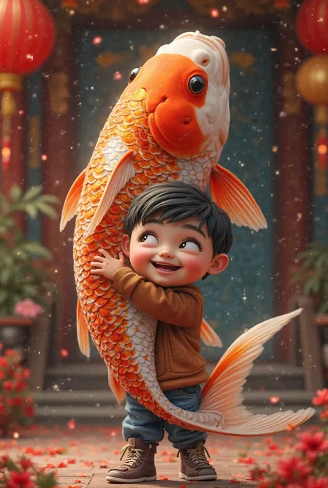 Photo of boy hugging carp wishing Tet