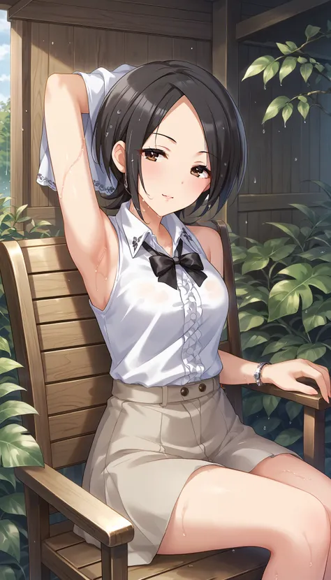 Tougou Ai、 white sleeveless shirt in the style of Watanabe Akio、black miniskirt、arm up pose、chair、 is embarrassing、rain、Outdoors、 wet body 、 Ulchan-6500-v1.1, ( RAW photos :1.2),  beautiful detailed , very detailed目、Brown Eyes 、 The file size is large, Hi-...
