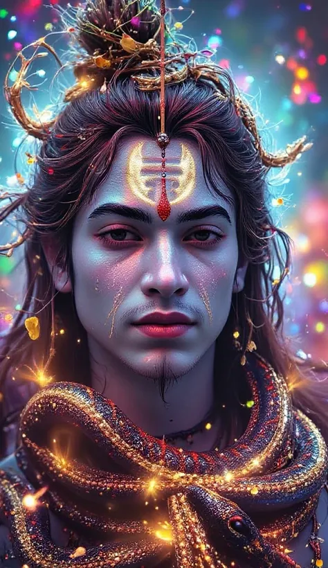 Create an image of Lord Shiva in which only the face of Lord Shiva is visible, matted hair is tied on the head, and there is a half moon in the matted hair, a black snake around the neck, and there is a colorful aura in the background