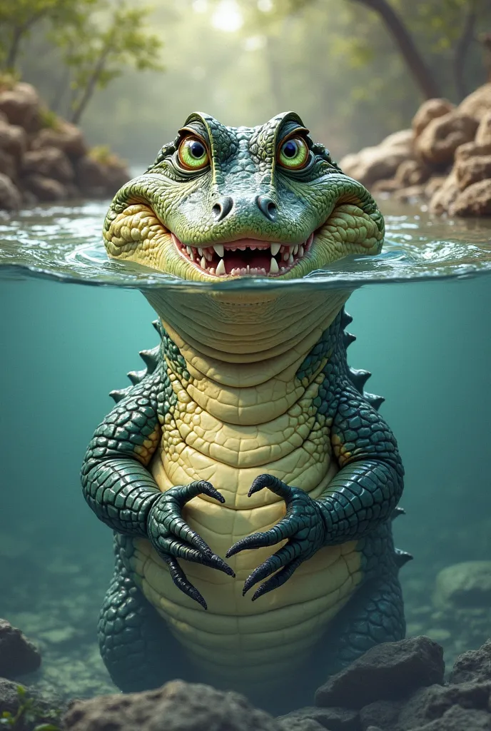 "Draw a crocodile with part of its head appearing on the surface of the water, with a unique and funny expression. x} This crocodile has a sharp gaze but smiles broadly with its teeth visible, gives an adorable smiling impression. The body part is under cl...