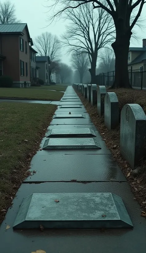 A mysterious, ultra-realistic image of a sidewalk made of large, flat tombstones, with names and dates still readable, in a quiet suburban neighborhood.