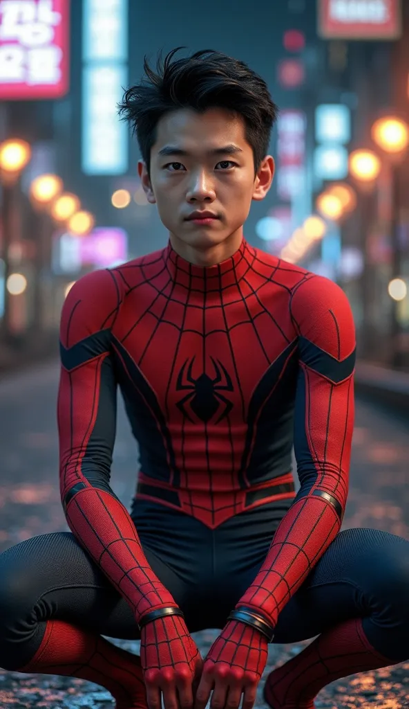 young Korean boy in a detailed Spider-Man suit, red and black color scheme :: high detail, highly detailed spider, highly detailed eyes, highly detailed fingers, Full Body Shoot, Quiff haircut, dynamic pose, look at camera, detailed facial parts, Manly, ni...