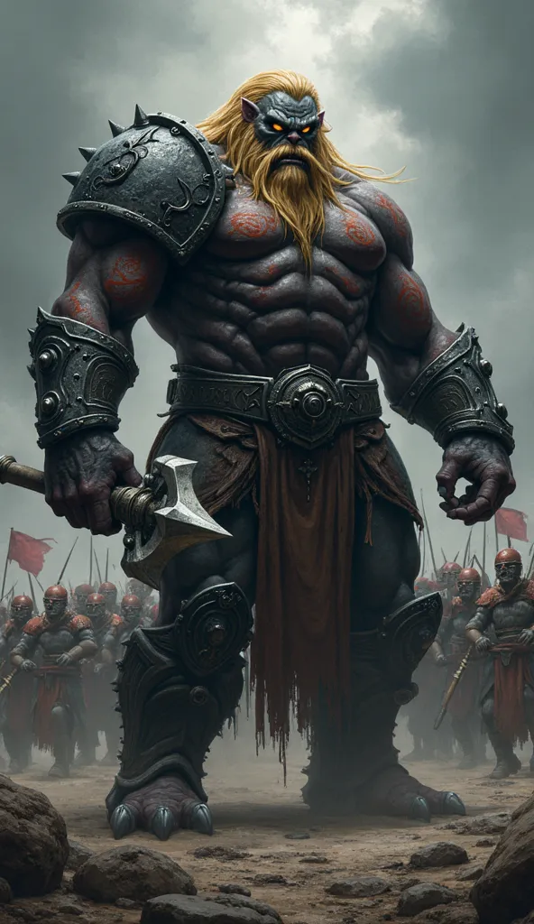 "A monstrous German Orc Warlord, his jet black body with red and gold tribal-marked built like an unstoppable war machine. His long, golden-blond hair. His battle-worn armor is dented but unbroken, forged from ancient steel. With glowing amber eyes, he gri...