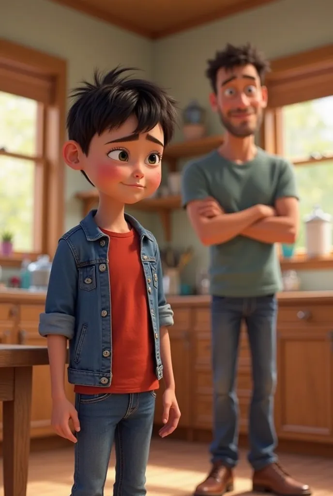 Jonny(, wearing blue jeans, red t-shirt and blue denim jacket,short black hairs), animated with Disney pixar's animation touch, shaking his head quickly. Jonny has wide, guilty eyes as he looks up at his father, who stands nearby with his arms crossed, rai...