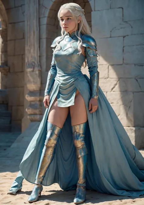  Emilia Clarke as Daenerys Targaryen 
 ,  Game of Thrones , sexy armor , huge breasts,  Sexy Legs, bright blue eyes，Cold blue light。Final,  Smooth Lines , Express expression and posture through bright color contrasts, The background is war. Emphasize light...