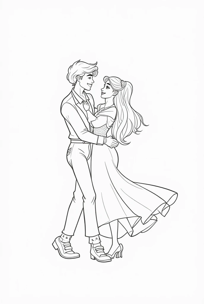 A black-and-white Disney-style coloring page of a romantic couple dancing. The girl has long, flowing hair and wears a modern dress, while the boy has wavy hair and wears a stylish outfit. They are smiling at each other while dancing gracefully. The entire...