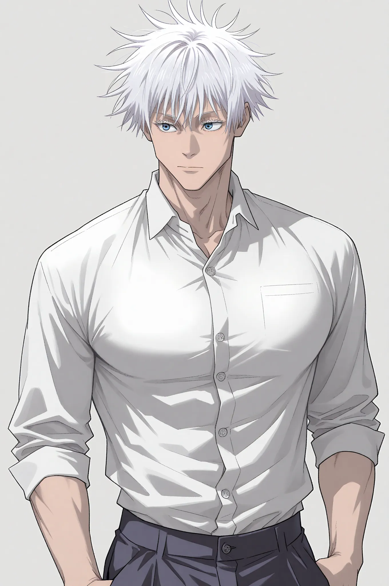 masterpiece, best quality, amazing quality, absurdres, 1boy, male focus, gojou satoru, jujutsu kaisen, blue eyes, white eyelashes, white hair, short hair, closed mouth, muscular, sexy man, handsome, black collared shirt, pants, portrait, grey background, s...