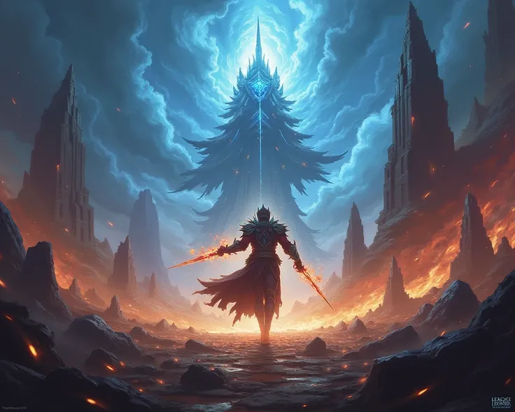 "Create an epic scene in the style of League of Legends, with a champion in the center of the image, wrapped in an aura of power. The background is a futuristic and magical battlefield, } with ruined ancient structures and arcane energy flowing through the...