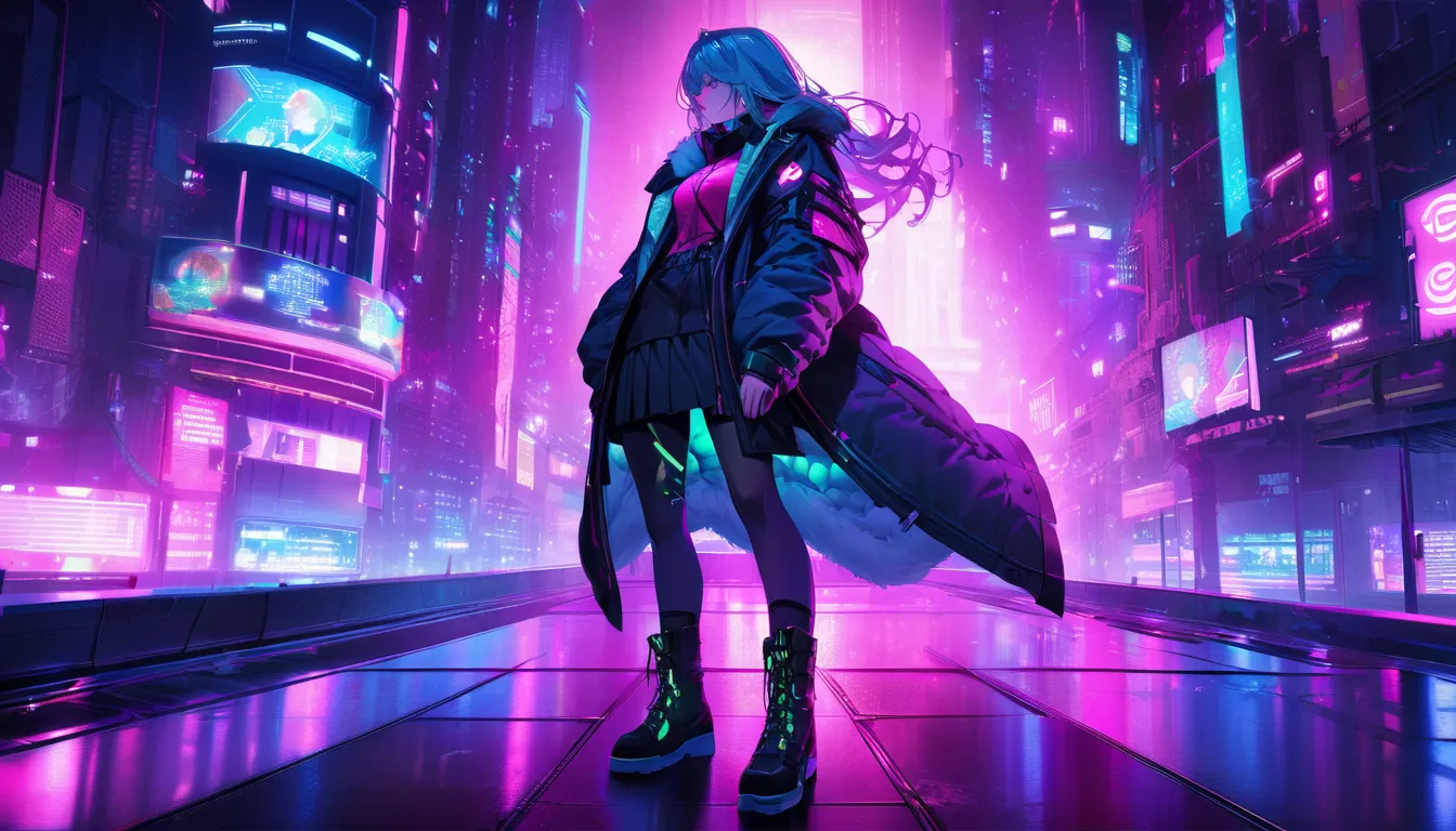 A cyberpunk scene stylized in digital art with a strong anime influence. A young girl with long, flowing hair in shades of pink or purple sits on the edge of a tall metal structure, looking out over a futuristic city lit by neon lights. She is wearing a da...