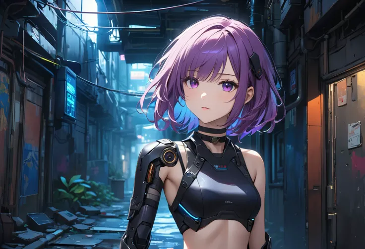 masterpiece, Highest quality, perfect face, highest resolution,  eyes, 1 woman, slender body, orchid color hair, Wavy bob hair, deep purple color eyes, cyberpunk, iron blue mechanical arm guards, Black body armor, Expose Shoulder, mechanical visor, Black R...