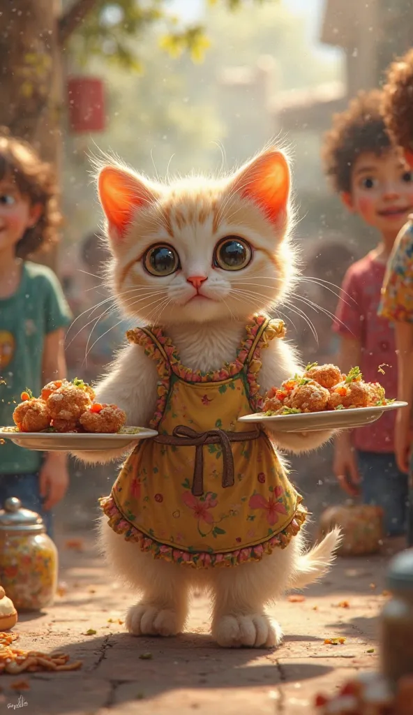 After that, the little kitten wears a big apron and serves food to people.