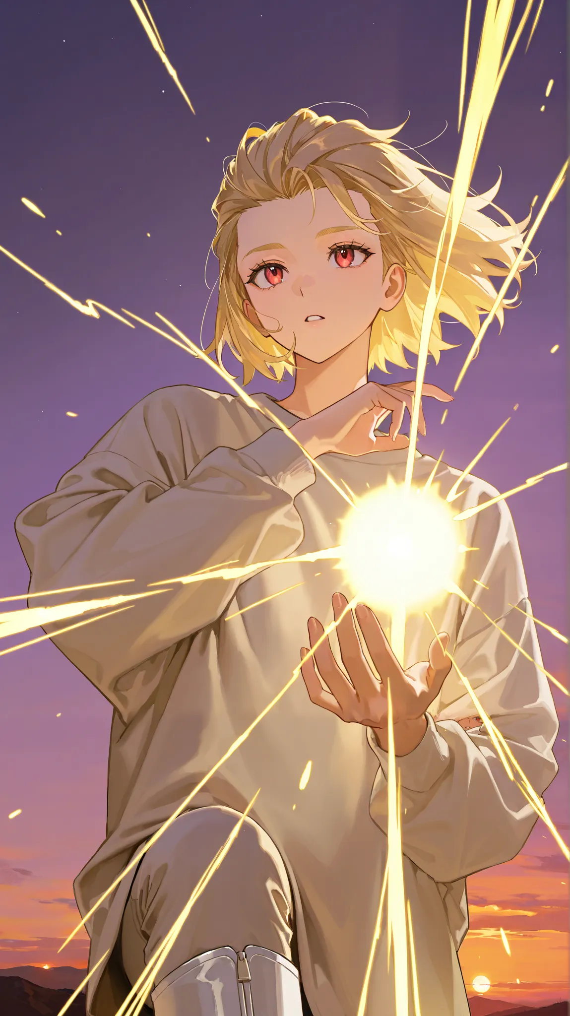 1girl, blonde, light golden hair fluttering in the wind,  Light gold hair ,  dark red eyes , red dark brown eyes, Girl in a white voluminous sweatshirt with white high boots,   boots  , reaches out one hand to the sky, second arrow pulled back, reaches for...