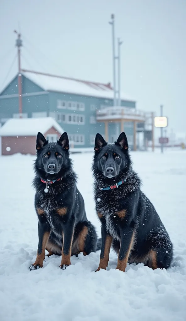 realistic pictures、waits for its owner in Antarctica where snow is falling、２Sakhalin dog Taro and Jiro、hair is slightly bushy、Black、Showa base buried in snow in the background