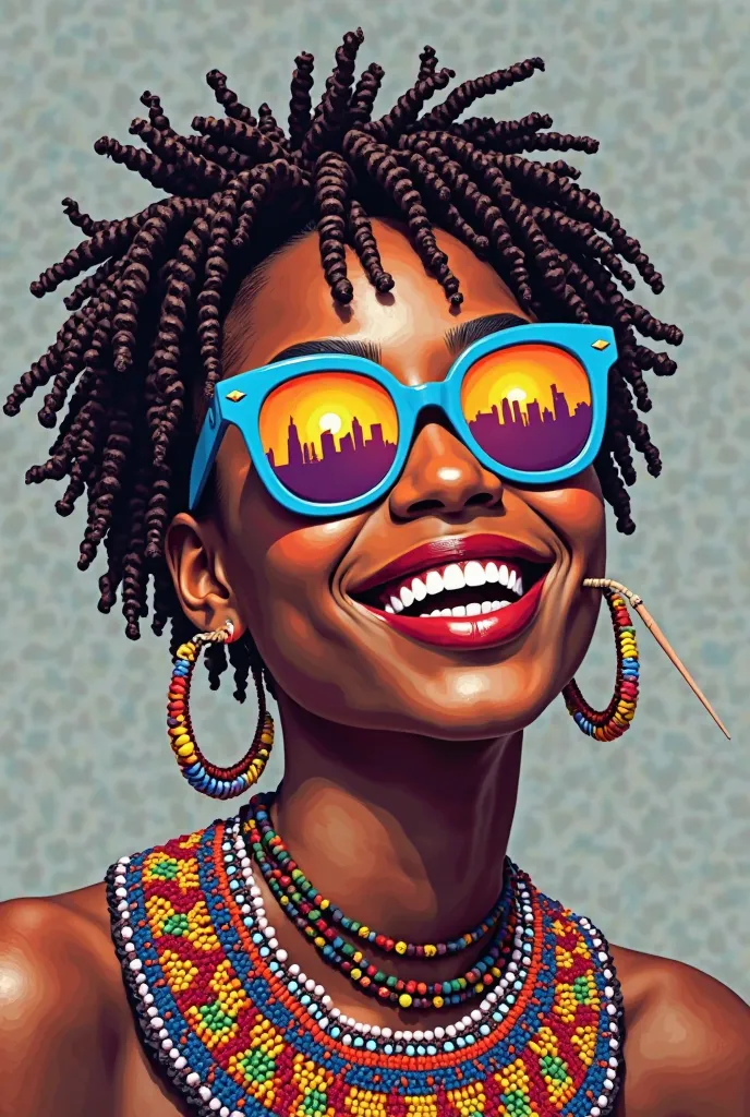 Create a pop art portrait painting of a young woman with a short striking hairstyle made of numerous small, twisted braids resembling a textured, artistic look. The braids are dar brow  in color, giving a rich visual depth. She wears fashionable sunglasses...