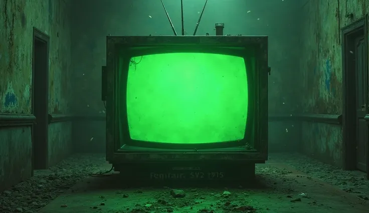 Make me an image of a very large old television with a green screen color chroma key, the TV is in an old abandoned dark room, The TV takes up almost the entire image