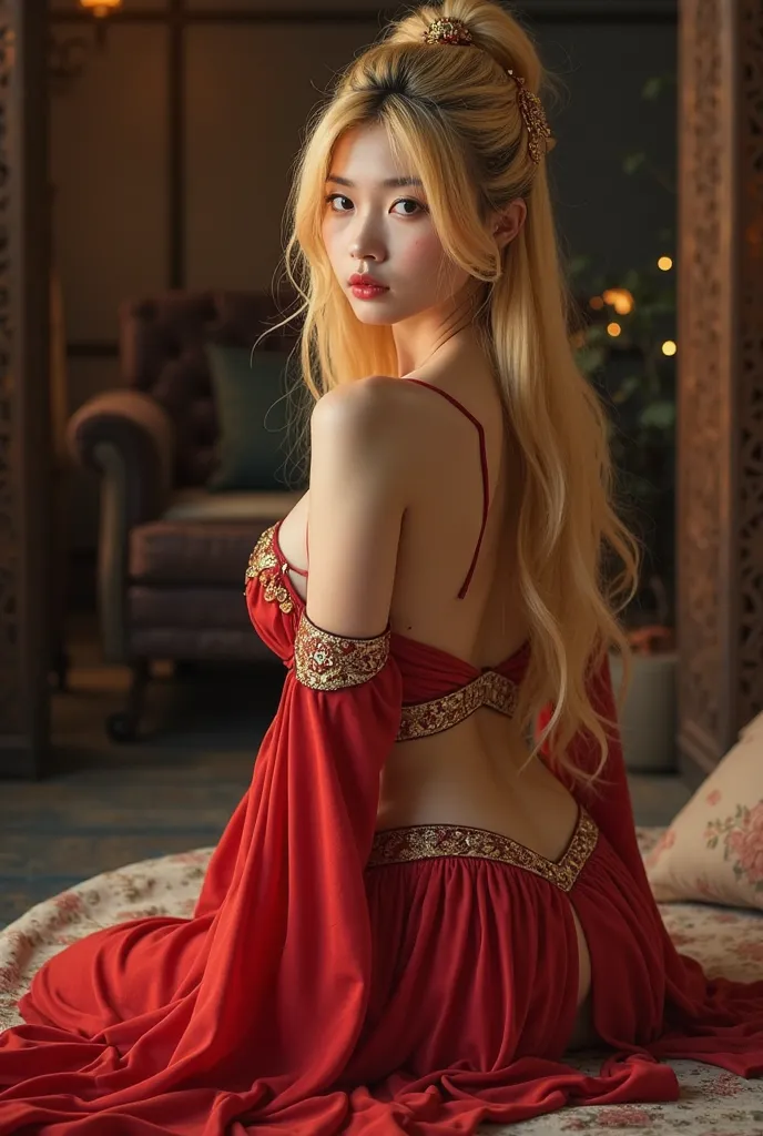 Beautiful Asian woman, 18 years.
Open chest, no buttoned shirt, Very large chest, size 45 inches,

A young woman, likely Asian, is seated, wearing a stylized red and gold costume, reminiscent of a fantasy character.  The costume includes a low-cut, back-le...