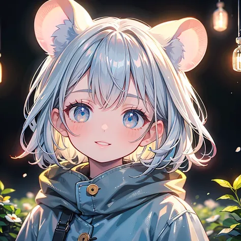 Cute Beautiful Girl、Mini、 mouse ear ，silver/blue/grey/hair(((  Top、 masterpiece、  Very detailed、high definition)))、Wearing Snowman Coat、 neon lights 、  Yellow Light  、 very cute 