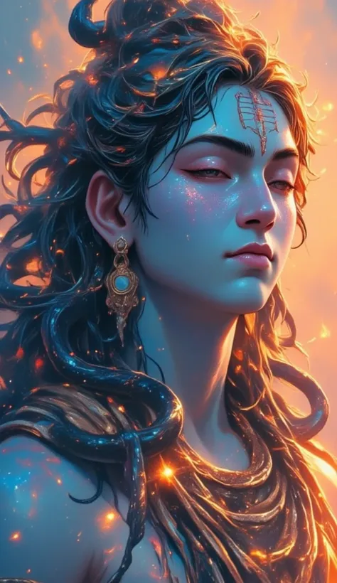 Create an image of Lord Shiva in which only the face of Lord Shiva is visible, matted hair is tied on the head, and there is a half moon in the matted hair, a black snake around the neck, and there is a colorful aura in the background