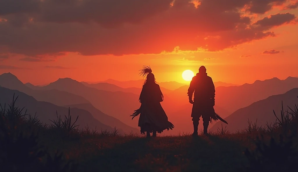 A dramatic sunset over the mountains of the Cordillera region. A warrior and his wife stand apart from each other, their silhouettes outlined against the sky. The woman clutches a small gift from her husband, while he looks toward the distance, as if prepa...