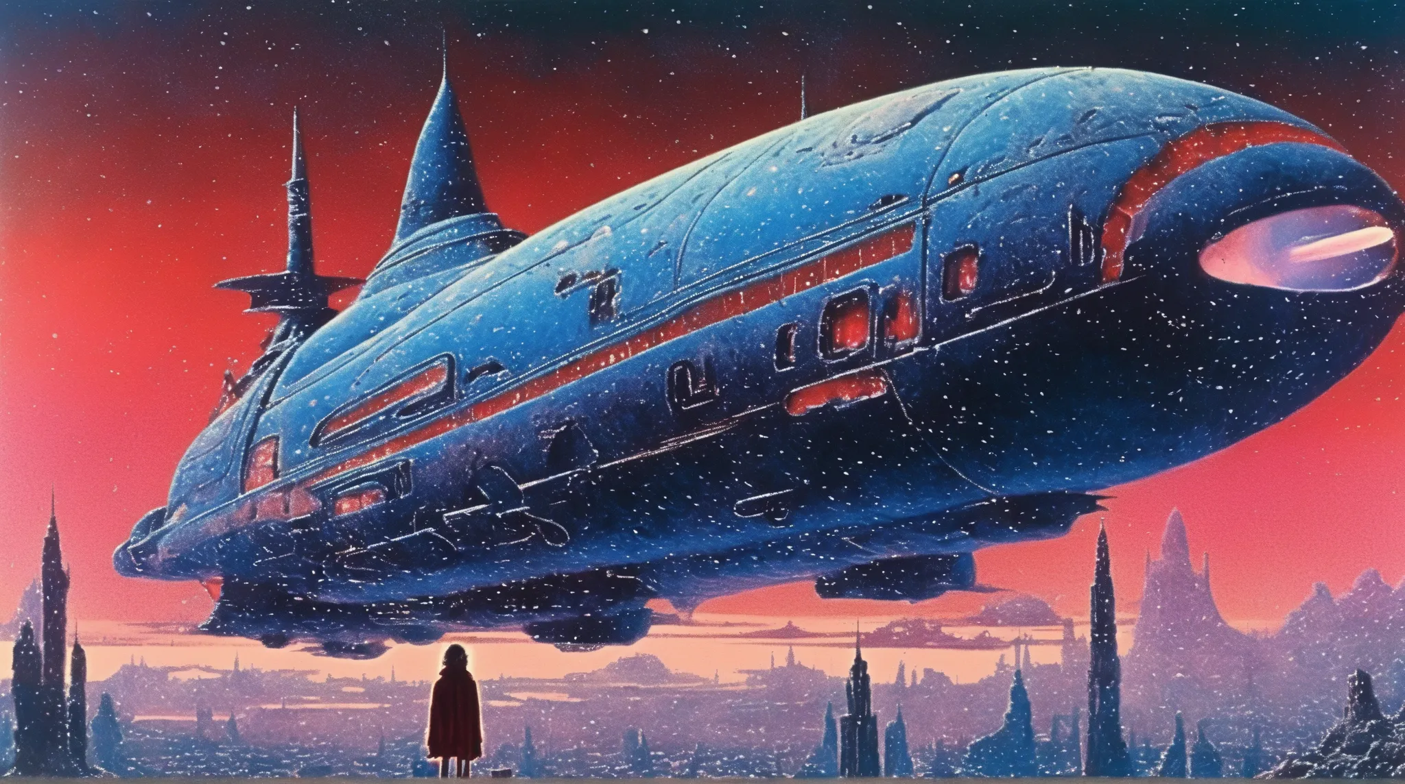 Mobis (Jean Giraud) Style - A picture by Jean Giraud Mobis, The picture shows a  Spaceship in deep sky, Science fiction illustrations, Retro-future. Sci-fi illustrations , Impressive retro-future Spaceship, galaxy, Distant nebulas. Shot with Panavision Pan...