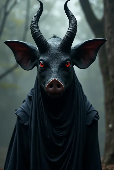 Black jinn with dark black ovel face with large ears like an elephant with black corned in his head and a small nose like pig the ears small the eyes red the nose and the ears should be small 