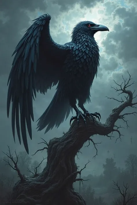 A raven with very large wings, a large beak and 5 claws.