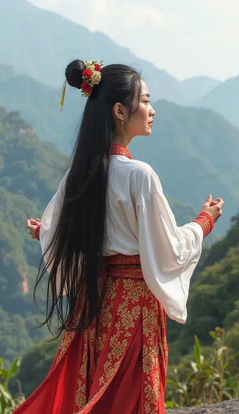 Photo of a young Asian woman with long hair, straight black hair, white skin and slender body, dressed in traditional Indonesian custom clothing, featuring graceful dancing, looks realistic, beautiful mountain backdrop