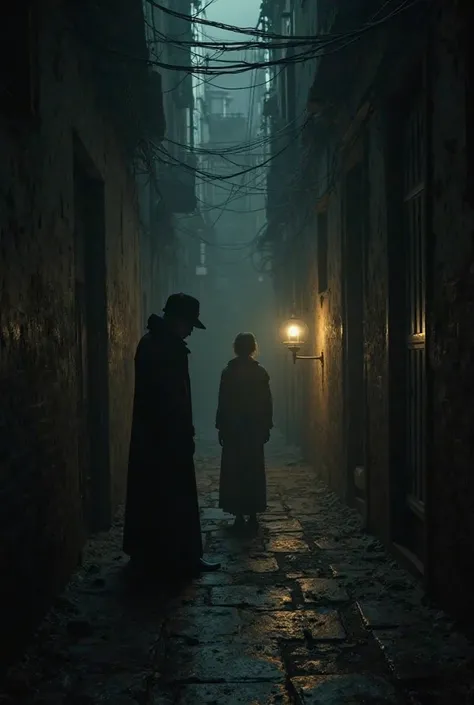 A man sitting in the dark in an alley and a woman coming up with the light of a lamp that illuminates the environment 