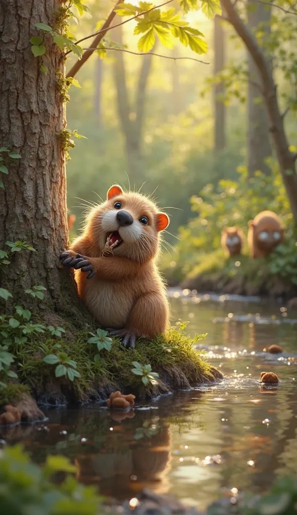 “Create a hyper-realistic scene of a cute, tiny beaver with fluffy fur and huge teeth, gnawing on a tree trunk. The scene is set in a lush forest near a calm river, with soft golden sunlight filtering through the leaves. The beaver's small paws hold the ba...