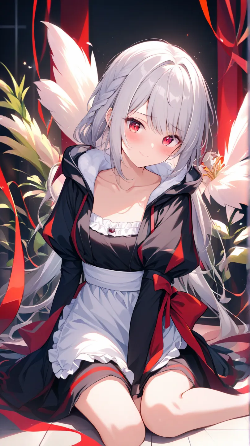 (Highest quality, ), beautiful woman under hoodie (Scarlet Eyes), elements.well-groomed face、shy expression、 Silver Hair、 scarlet eyes、 Smile(holding a bow)、Ultra High Definition, girl dressed as a black maid、綺麗な桜が舞い散るwind景、solo, 1 girl, chest, A flower th...