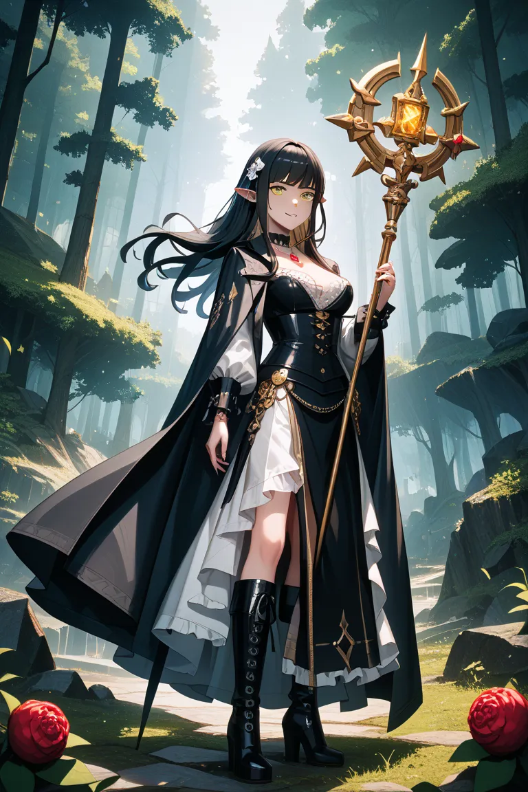 "A gothic fantasy woman named Mary, standing in a misty forest, wearing a tattered black and deep green long dress with a silver moon pendant, a flowing dark gray cloak with crimson lining, and black leather boots with claw marks. She has long wavy black h...