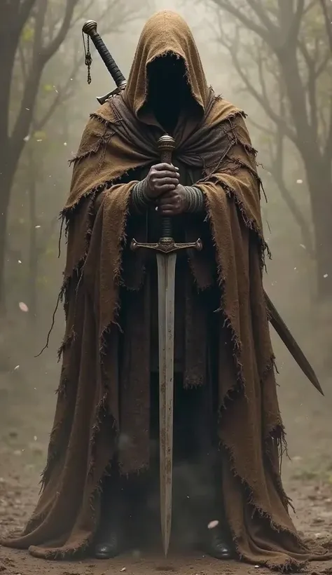 Create a character with a mask and a frayed brown hood that covers almost his entire body and who has a sword on his back (full body image)