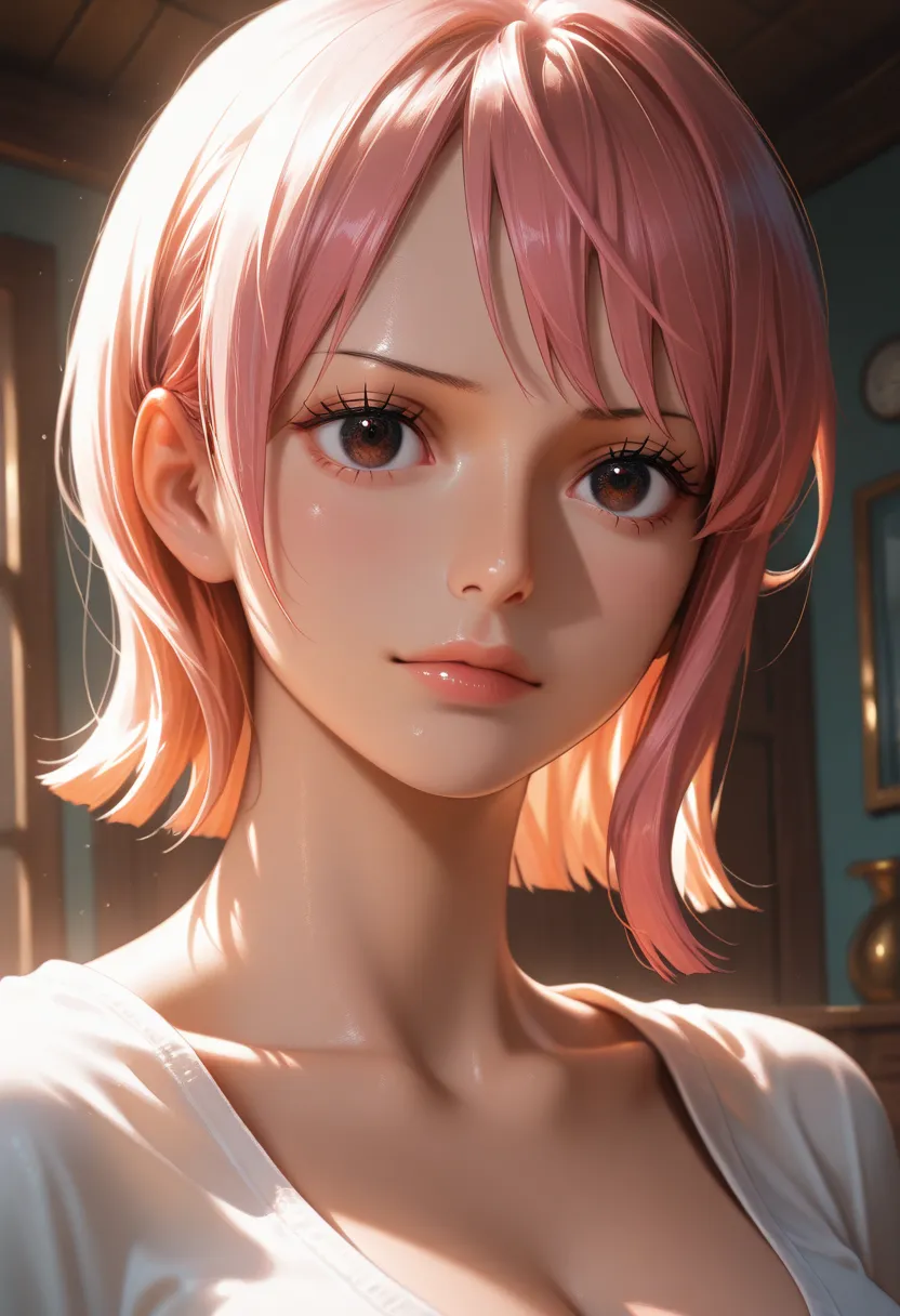 masterpiece, best quality, vibrant, very aesthetic, high contrast, photorealistic portrait,beautiful detailed face,detailed texture,detailed skin, newest,BREAK 1girl,one piece,source_one piece,sugar,shirt,room,realistic lighting
