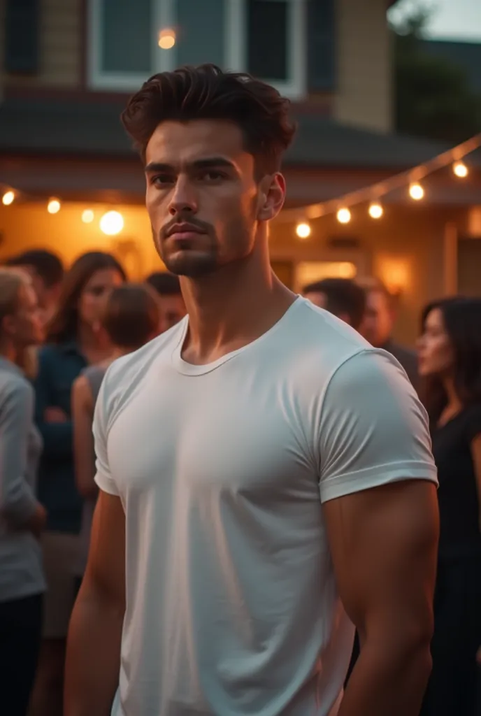 "A young man with a chiseled face and muscular build, wearing a fitted white T-shirt, standing confidently outdoors during the evening. He has styled wavy hair and a calm, contemplative expression. The setting includes a cozy suburban house in the backgrou...