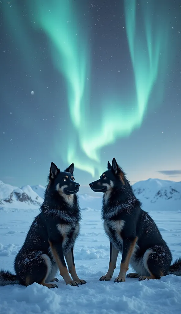 realistic pictures、wait for their owners in Antarctica when it's snowing、２Sakhalin dog Taro and Jiro、hair is slightly bushy、Long hair、Black、Aurora overhead