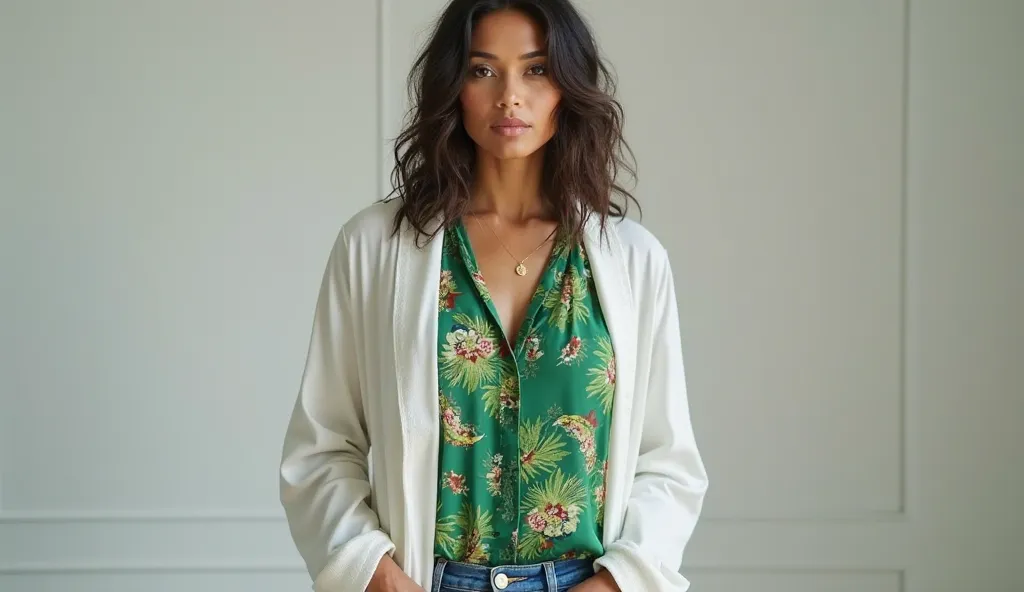 Image of a 30-year-old woman with Central American features, wearing a green printed silk blouse with Caribbean details. Over it she wears a white robe and jeans. The image reflects seriousness and elegance. Photo from a photo studio.