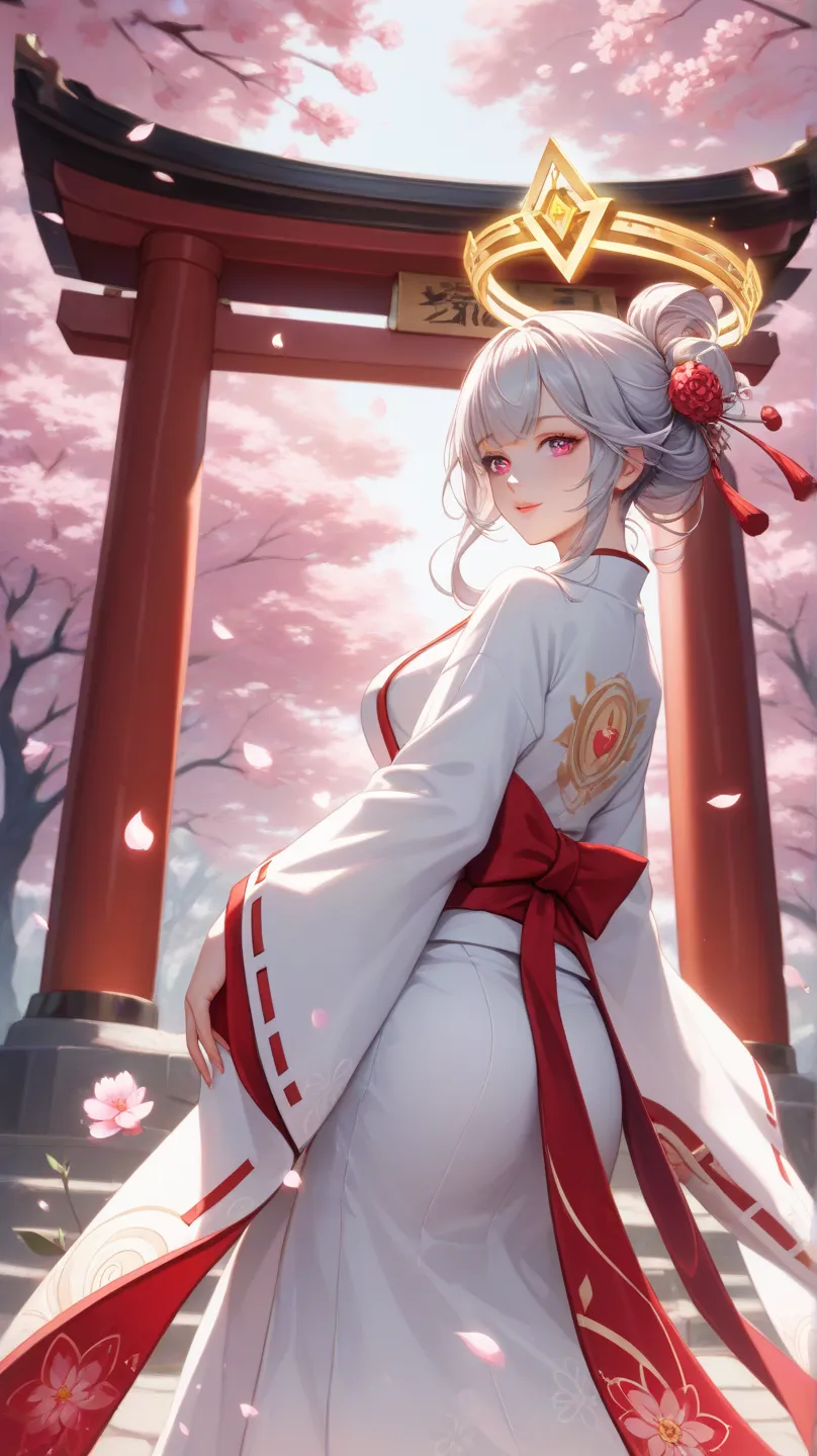 A stunning anime-style shrine maiden (miko) with short, sleek silver hair and deep red, mesmerizing eyes, standing gracefully while facing forward. She wears a beautifully detailed red and white kimono with intricate golden patterns, flowing sleeves, and a...