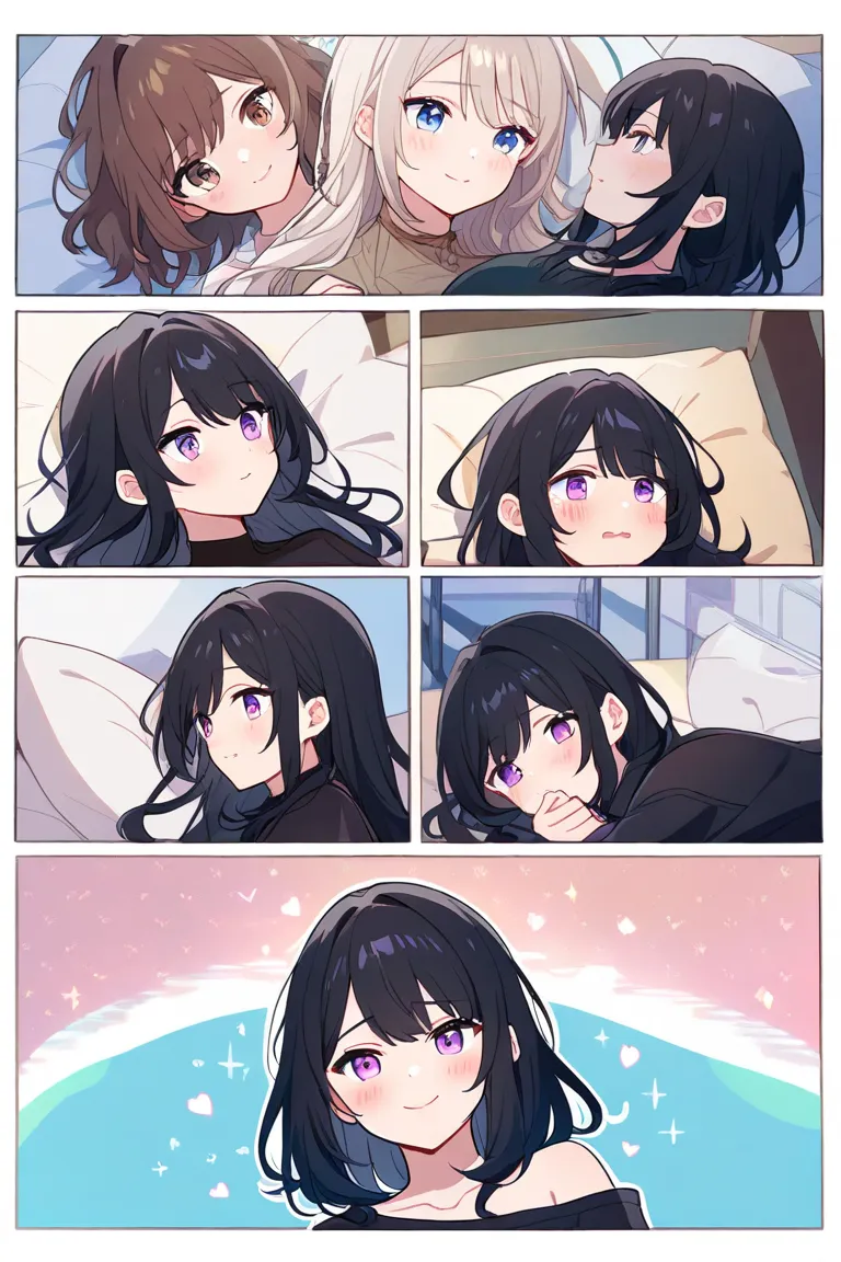  2 women、 character for V21（ light beige hair、medium hair（ shoulder length、Curl inward））、Light beige eyes、Long、smile）、 character for V2２（ black hair、long hair、 purple eyes）、 blush、Holding hands、The distance it takes to breathe、delicate、 bed、lying down、Afte...