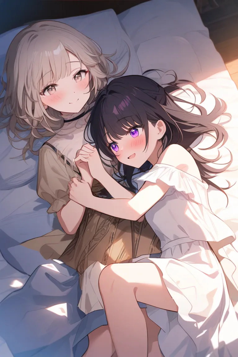  2 women、 character for V21（ light beige hair、medium hair（ shoulder length、Curl inward））、Light beige eyes、Long、smile）、 character for V2２（ black hair、long hair、 purple eyes）、 blush、Holding hands、The distance it takes to breathe、delicate、 bed、lying down、Afte...