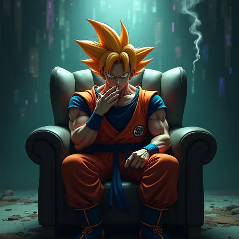 Create a Goku character sitting on a chair and smoking and the colors will be his game 
