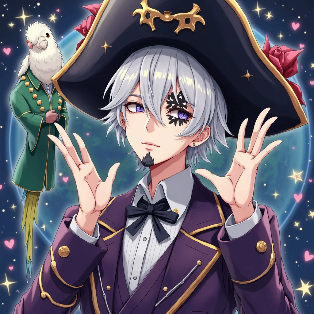 The young man with platinum hair、Black Pirate Captain's Wide Hat、White painted face、large black star paint on the face centered on the left eye、purple aristocrat suit、black beard on the chin、There is a white parakeet wearing a green noble suit on the left ...