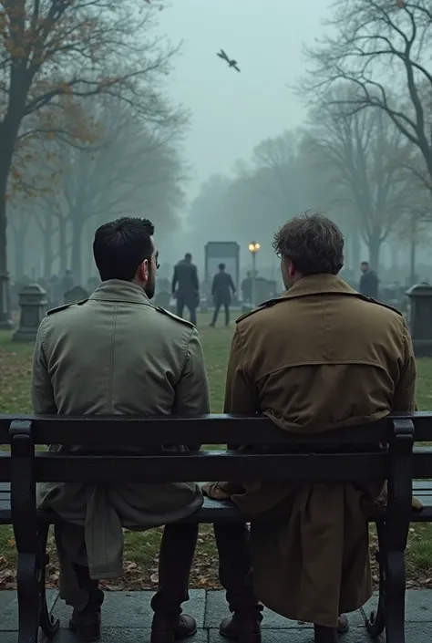 Two men in trenchcoats sitting on a park bench, sitting across from a cemetery, watching a team exhuming several graces